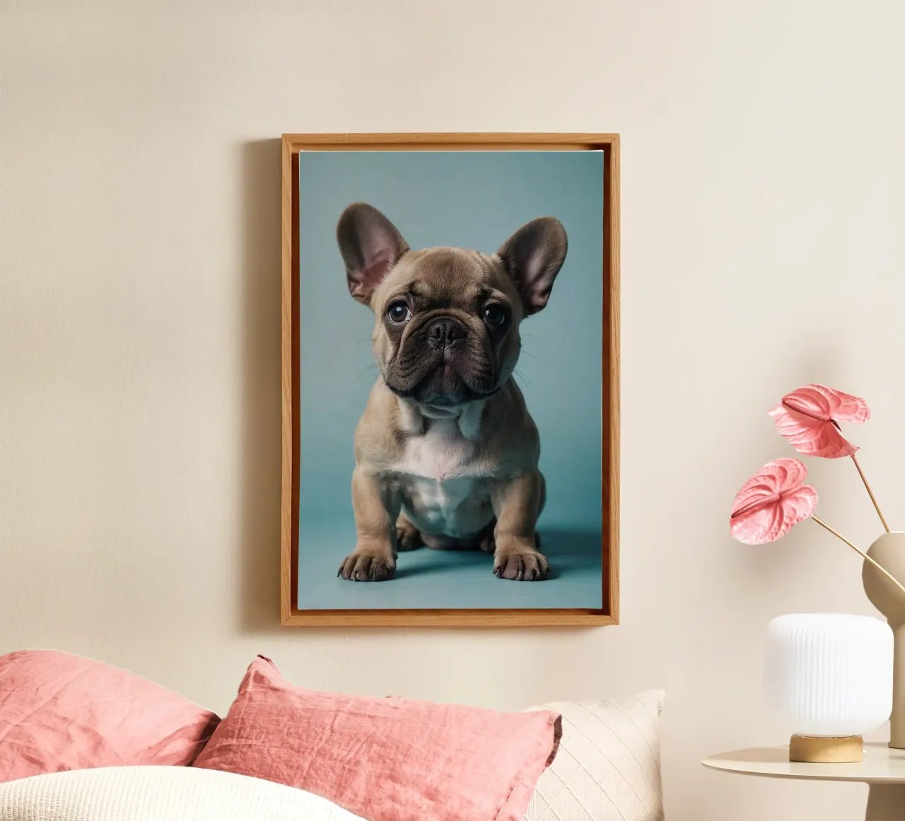 Cucciolo di Bulldog francese con grandi orecchie | Work 4 | Limited tela con Cornice a cassetta da Paws & Portraits