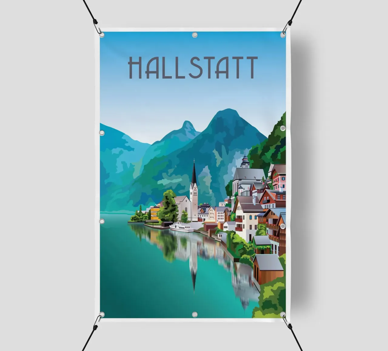 Hallstatt Austria Scena sul lago telo in pvc da Charnwood Prints
