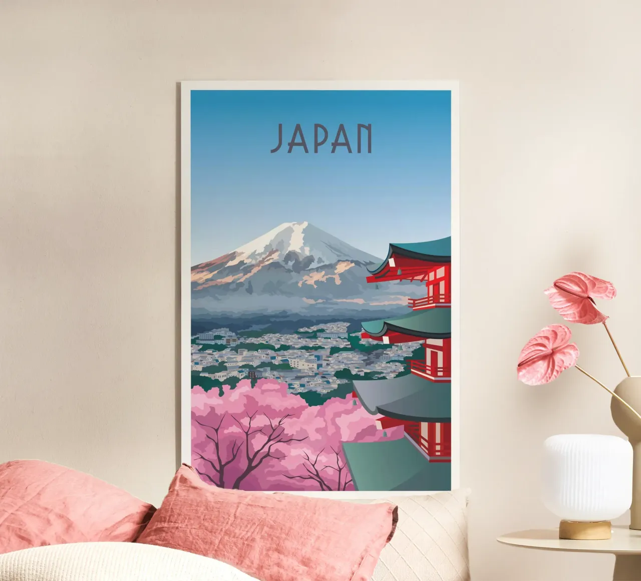 Giappone Scena di fiori e tempio plexiglass da Charnwood Prints