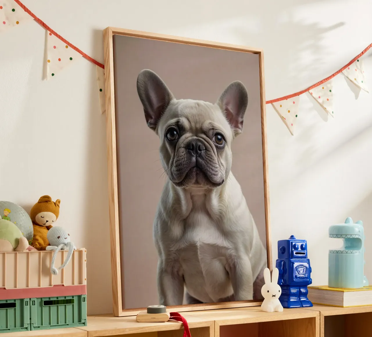 Cucciolo di Bulldog francese con simpatiche rughe | Work 5 | Limited tela con Cornice a cassetta da Paws & Portraits