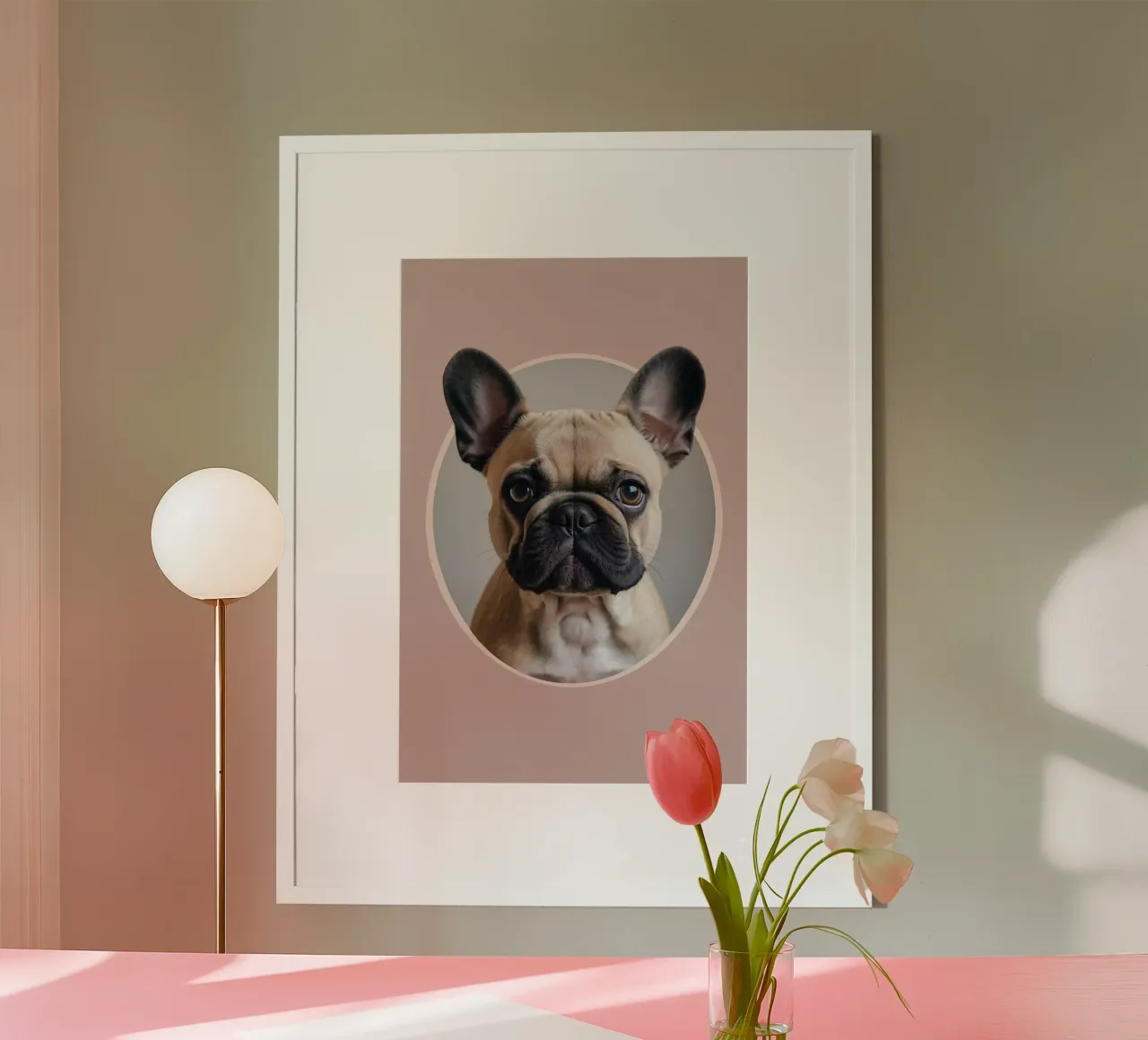 Cucciolo di Bulldog francese in un elegante cerchio | Work 6 | Limited poster con telaio in plastica da Paws & Portraits