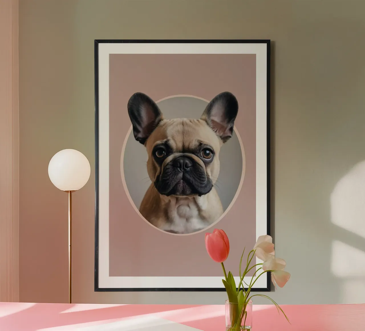 Cucciolo di Bulldog francese in un elegante cerchio | Work 6 | Limited poster con telaio in plastica da Paws & Portraits