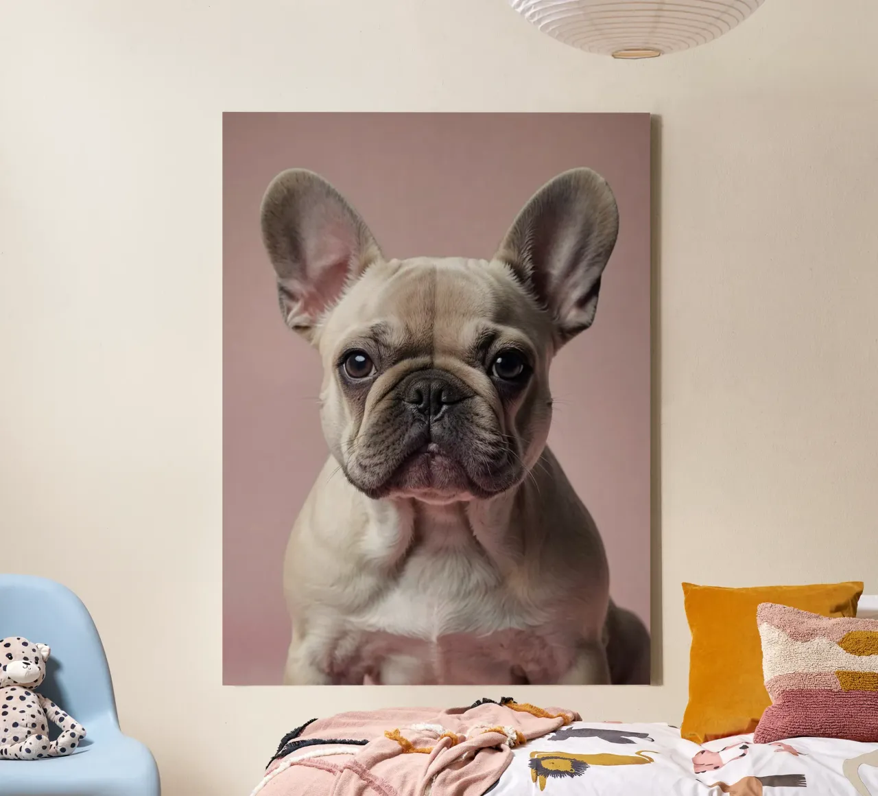 Cucciolo di Bulldog francese in rosa tenue | Factory 9 | Limited tela con Cornice a cassetta da Paws & Portraits