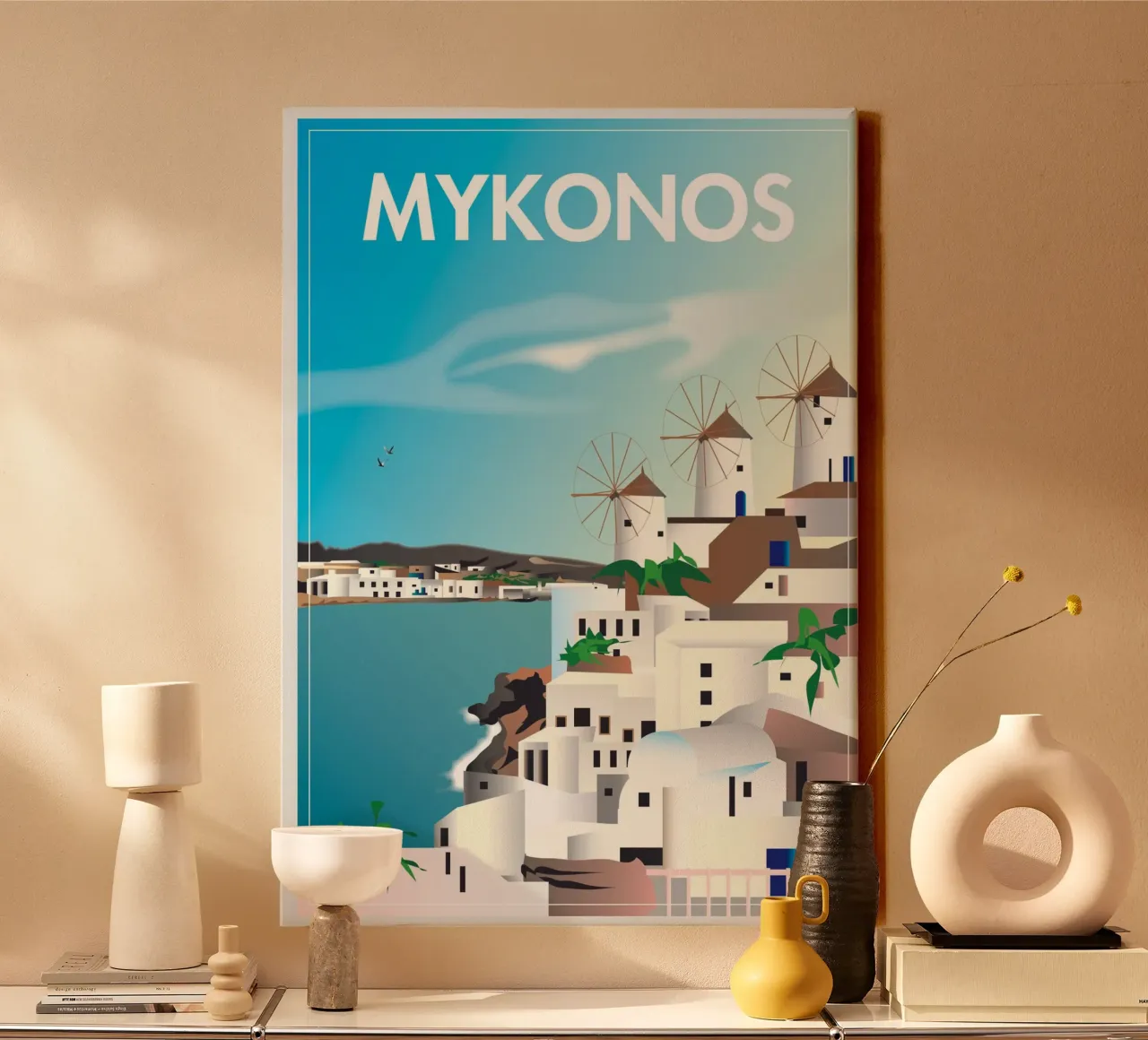 Scena di Mykonos tela con Cornice a cassetta da Charnwood Prints