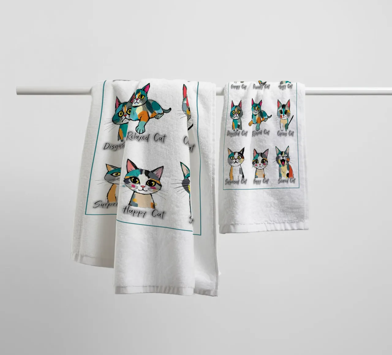 The Nine Faces of a Cat towel by xotiko