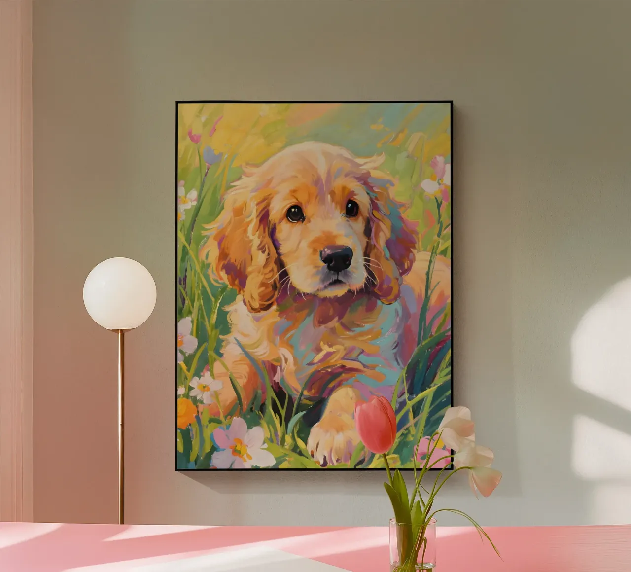 🐾 Cocker Spaniel (biondo)🌷Springtime Snouts plexiglass da Trinkets pAIntings