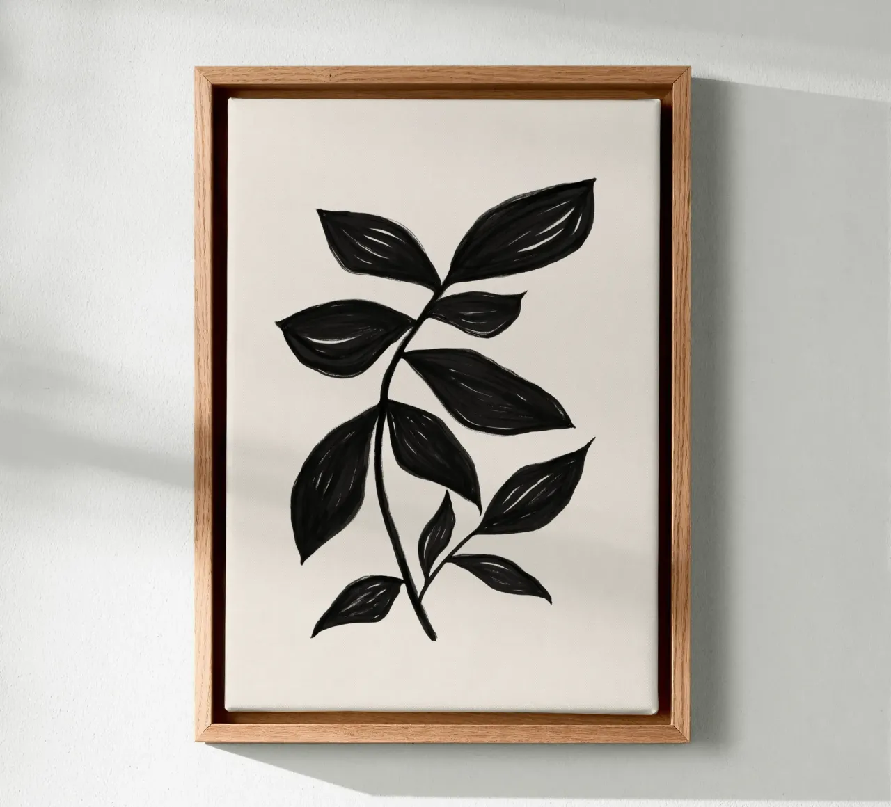 Minimalistische zwarte botanische kunstdruk - Leaf Study 2 canvas met Baklijst van kookiepixel