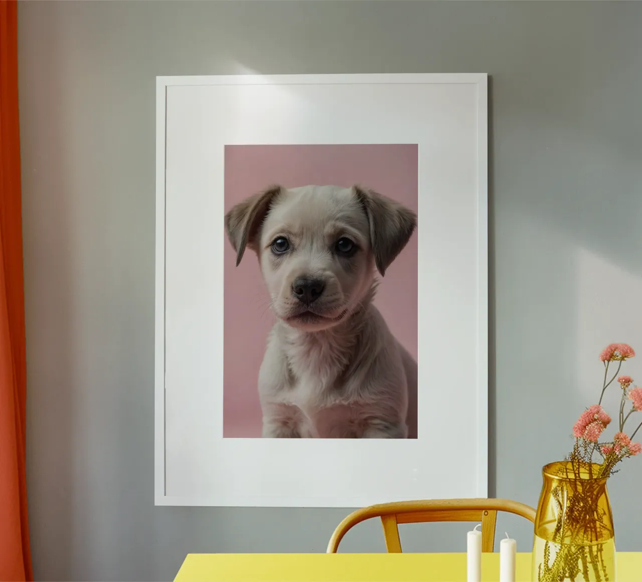 Ritratto di un giovane cucciolo su sfondo rosa | Lavoro 33 poster con telaio in alluminio da Paws & Portraits