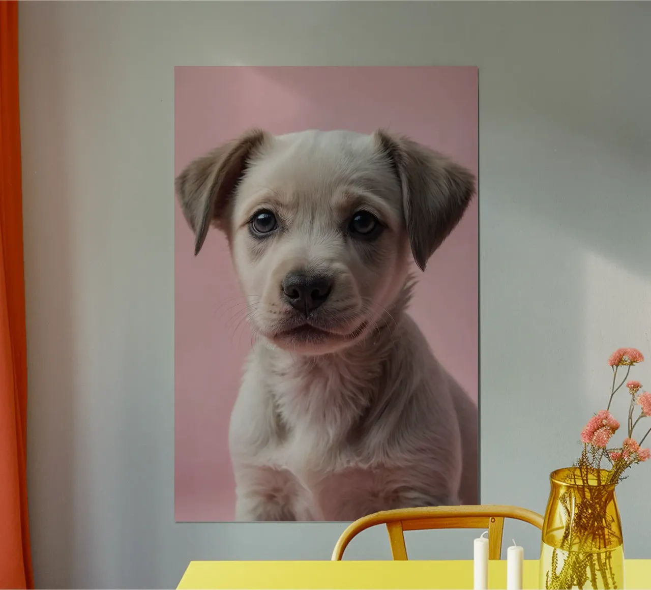 Ritratto di un giovane cucciolo su sfondo rosa | Lavoro 33 poster con telaio in alluminio da Paws & Portraits