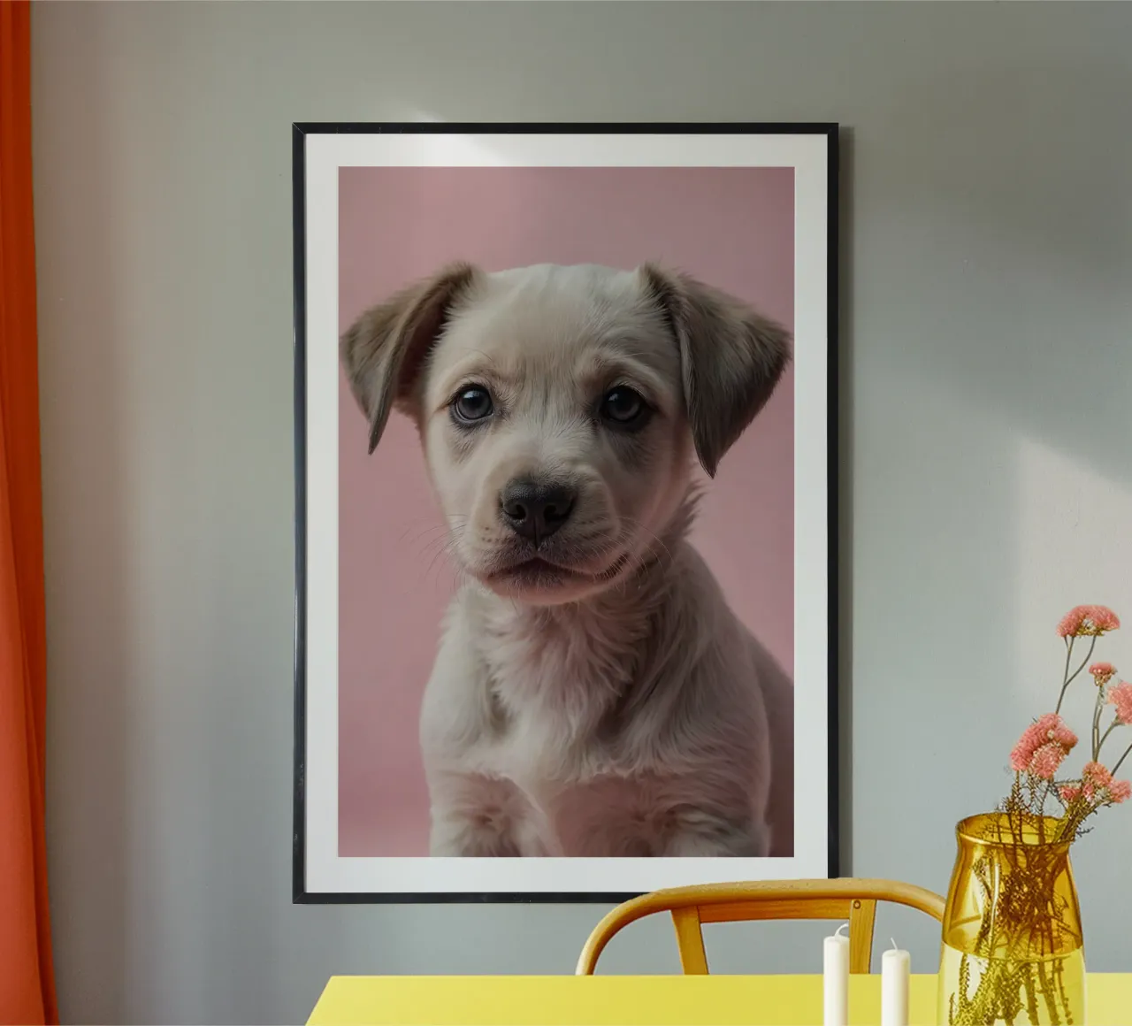Ritratto di un giovane cucciolo su sfondo rosa | Lavoro 33 poster con telaio in alluminio da Paws & Portraits