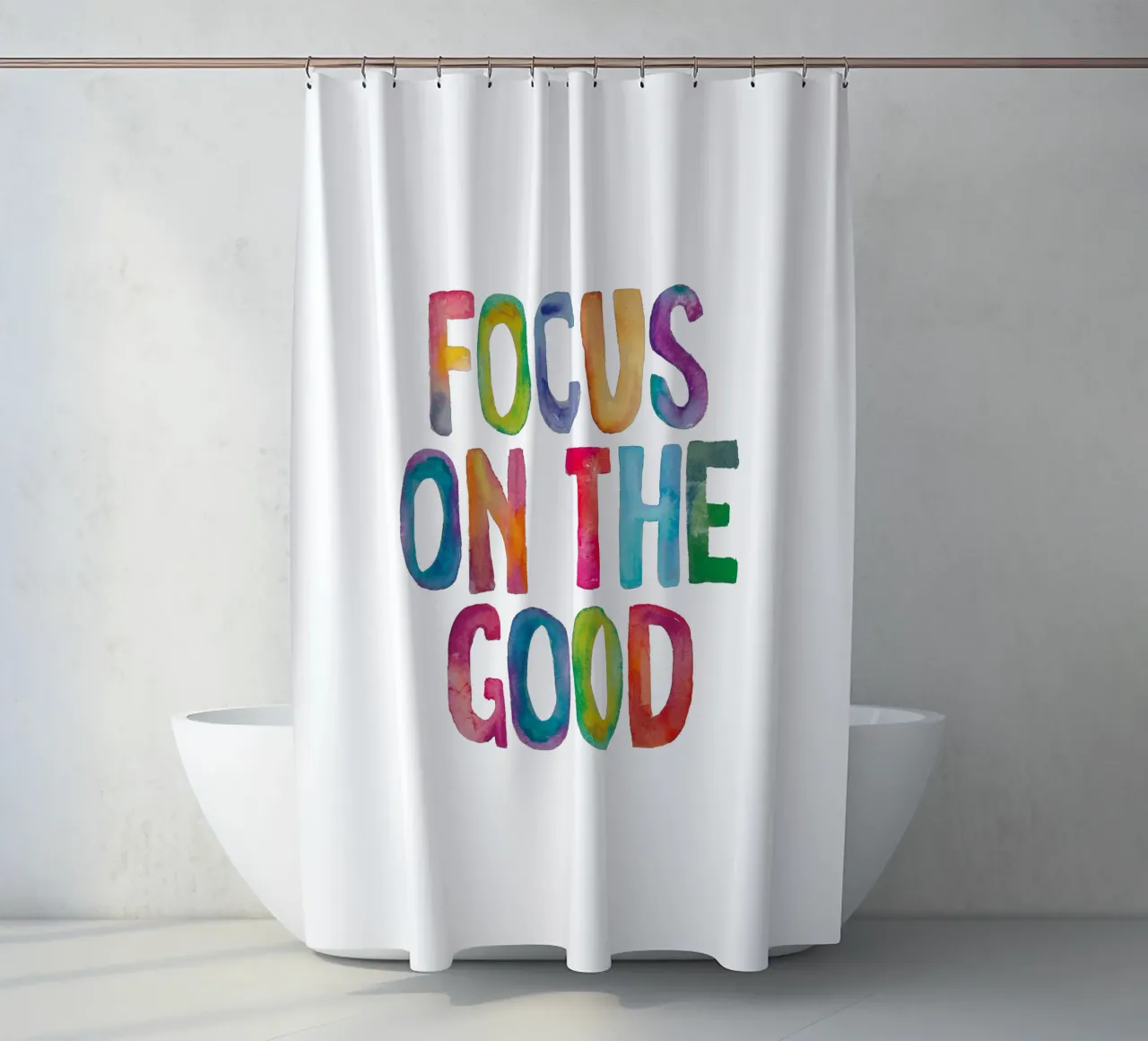 Focus on the Good Rainbow Typography Design shower curtain by THE MOTIVATED TYPE