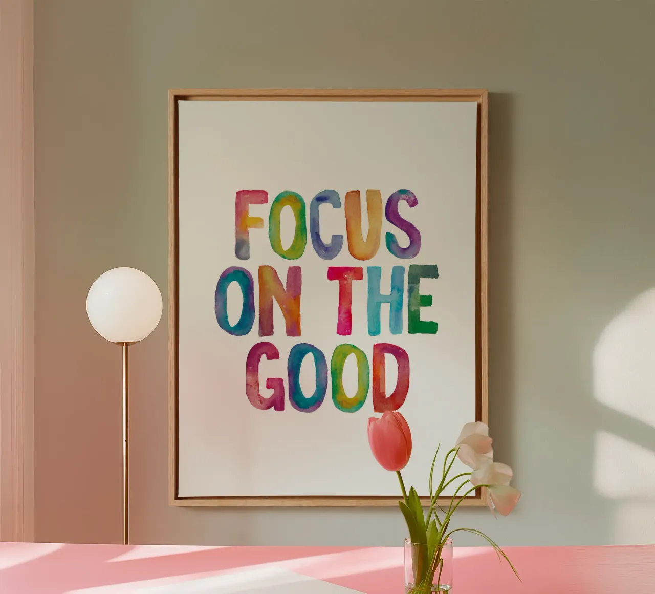 Focus on the Good Regenbogen Typografie Design Leinwand von THE MOTIVATED TYPE