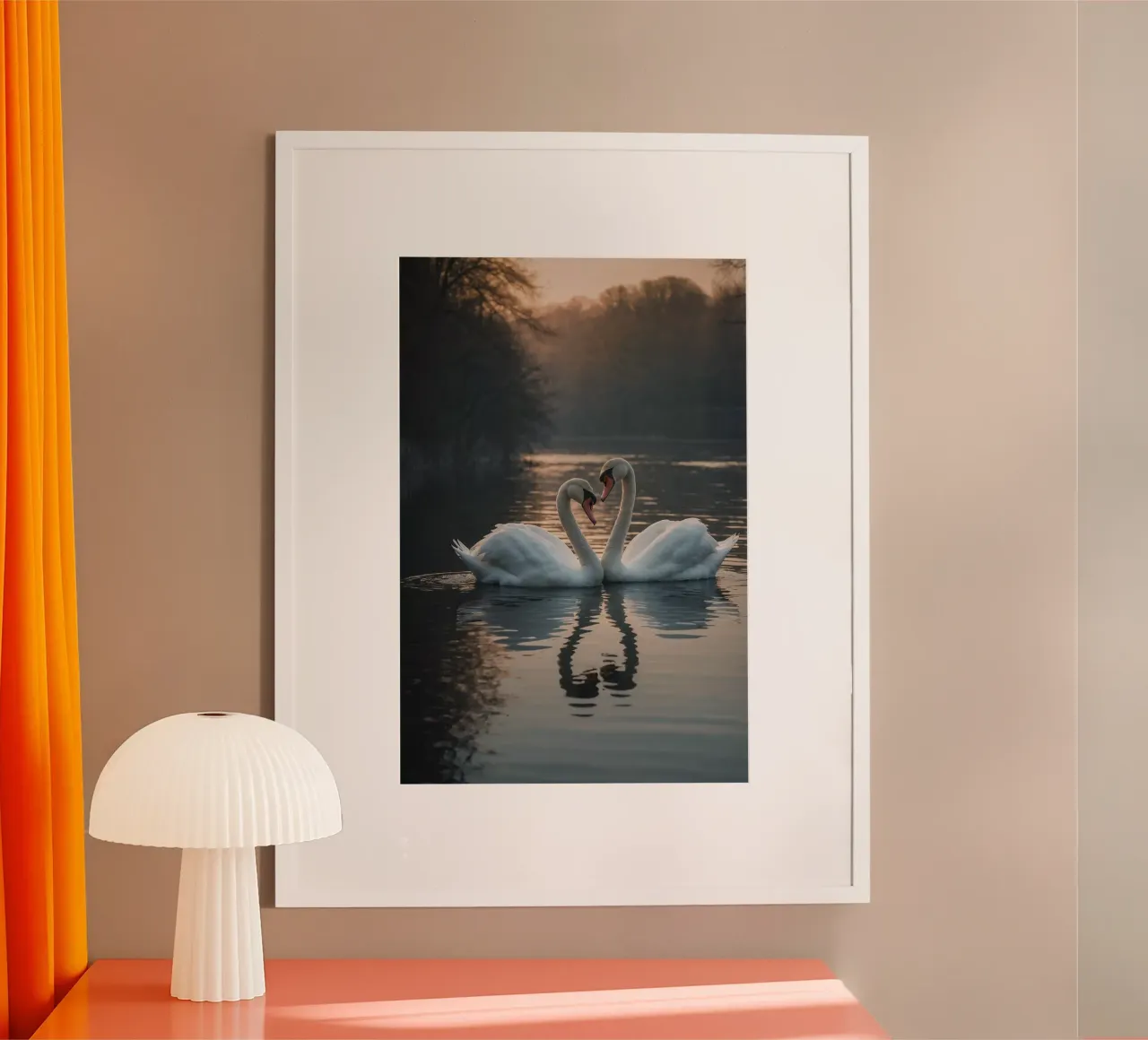Cigni in un lago calmo all'alba | Work 6 | Limited poster con telaio in legno da Paws & Portraits