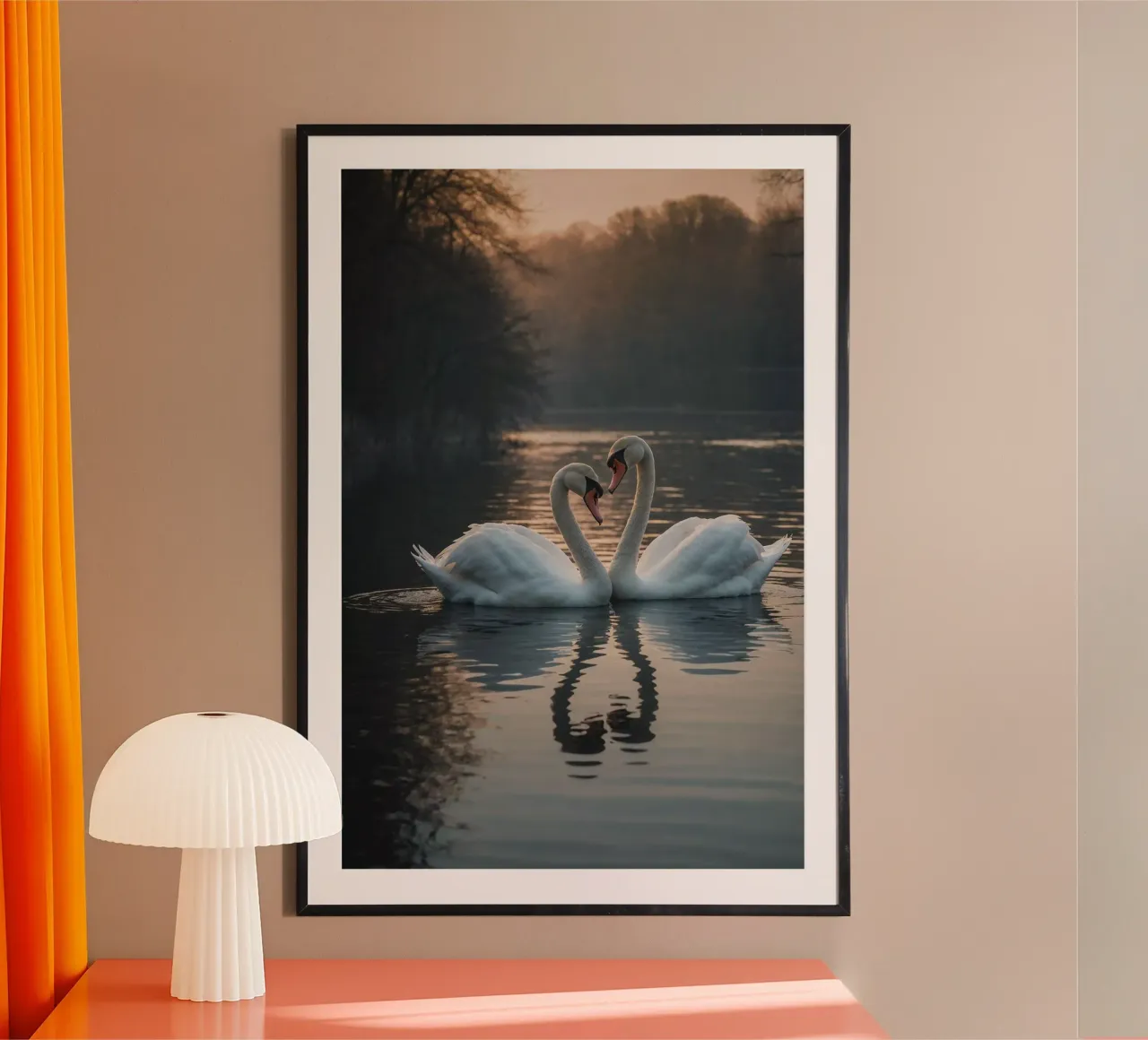Cigni in un lago calmo all'alba | Work 6 | Limited poster con telaio in legno da Paws & Portraits
