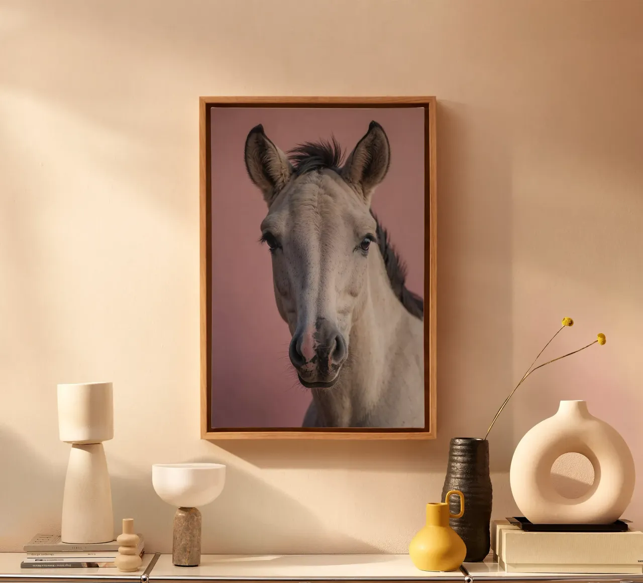 Portrait of a young horse against a pink background | Work 39 canvas with Floater frame by Paws & Portraits