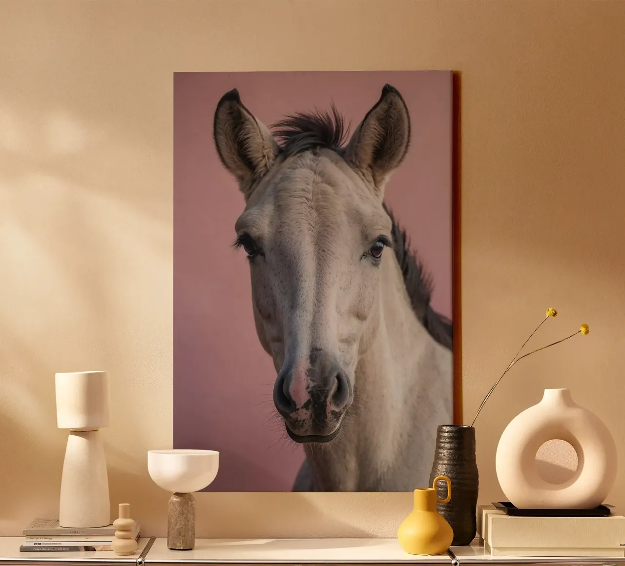 Portrait of a young horse against a pink background | Work 39 canvas with Floater frame by Paws & Portraits