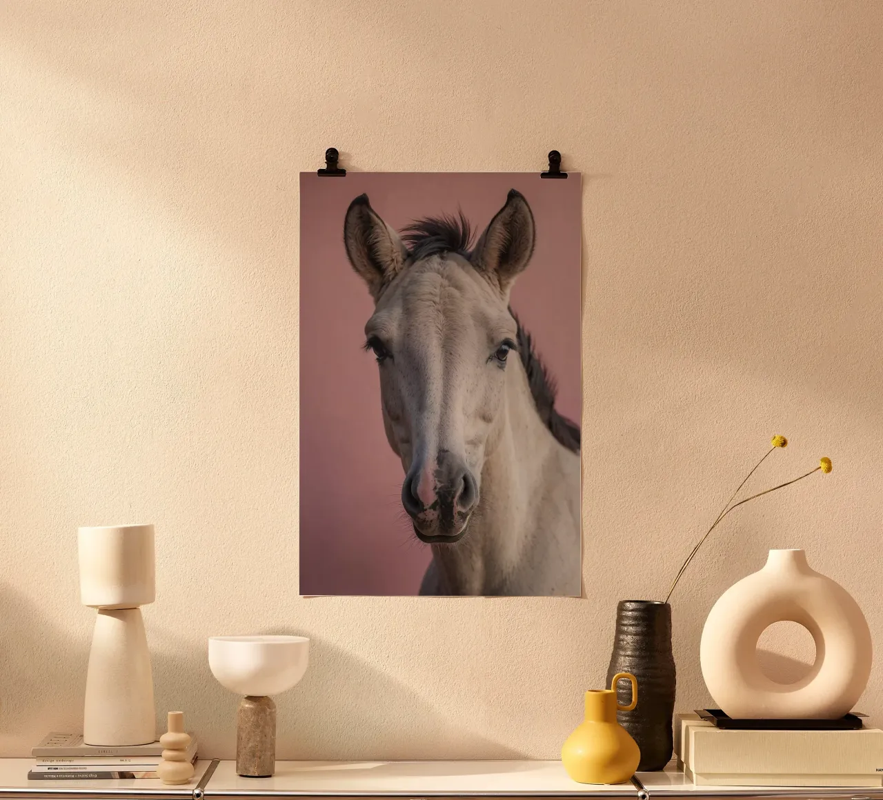 Porträt eines jungen Pferdes vor rosa Hintergrund | Werk 39 Poster von Paws & Portraits