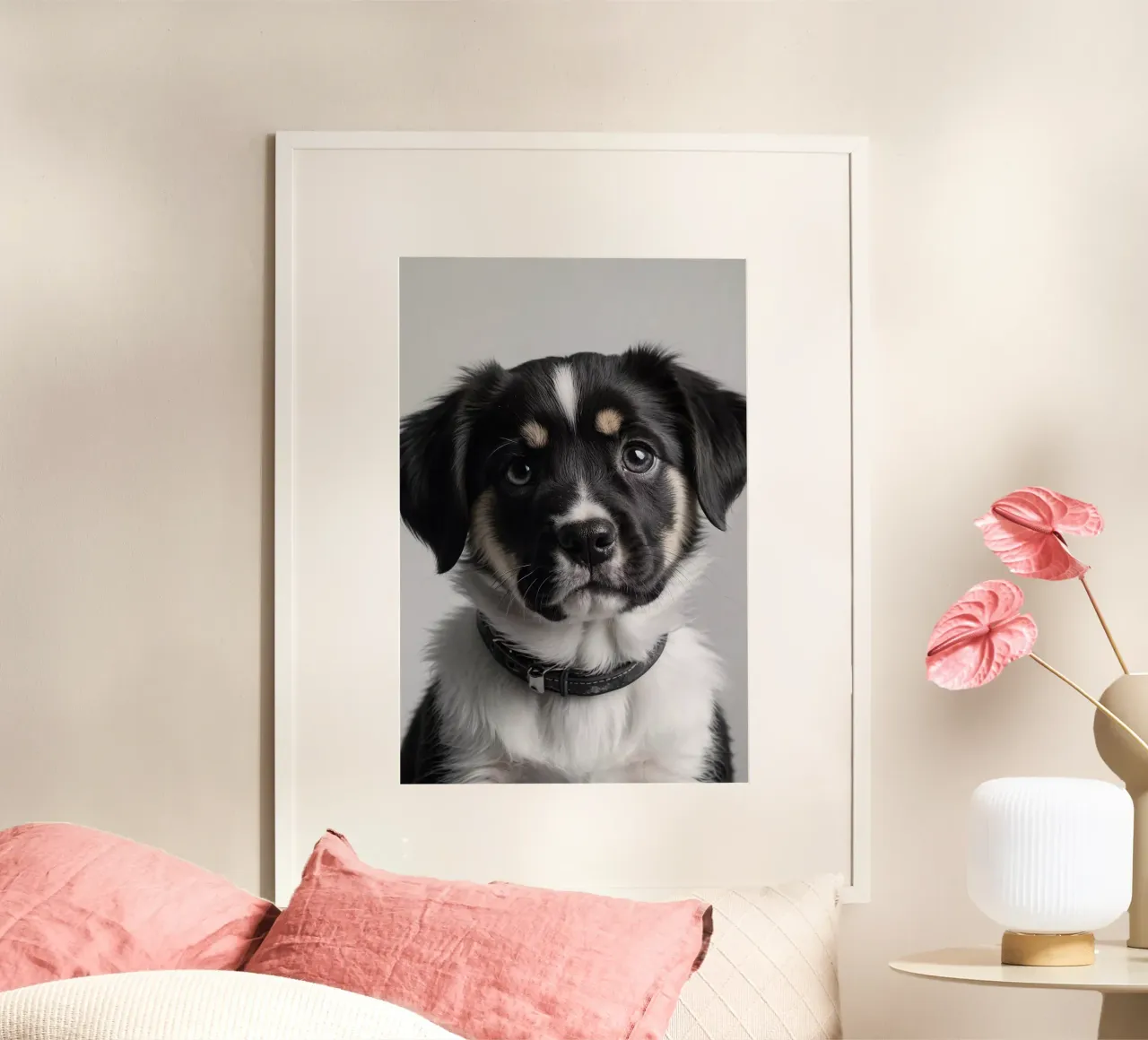 Portrait d'un jeune chiot noir et blanc | Oeuvre 45 poster de Paws & Portraits