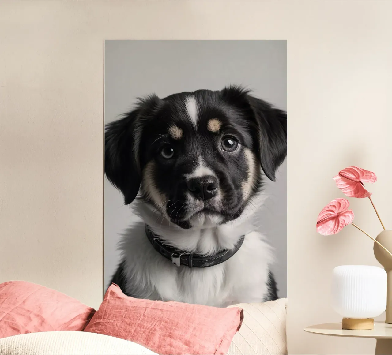 Portrait d'un jeune chiot noir et blanc | Oeuvre 45 poster de Paws & Portraits