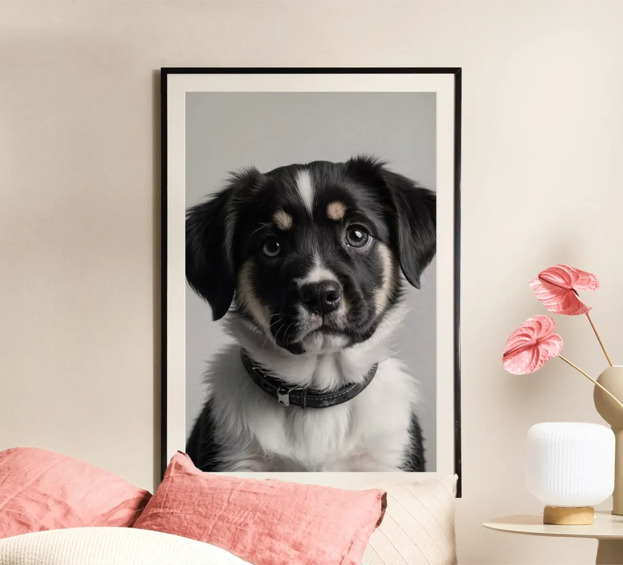Portrait d'un jeune chiot noir et blanc | Oeuvre 45 poster de Paws & Portraits