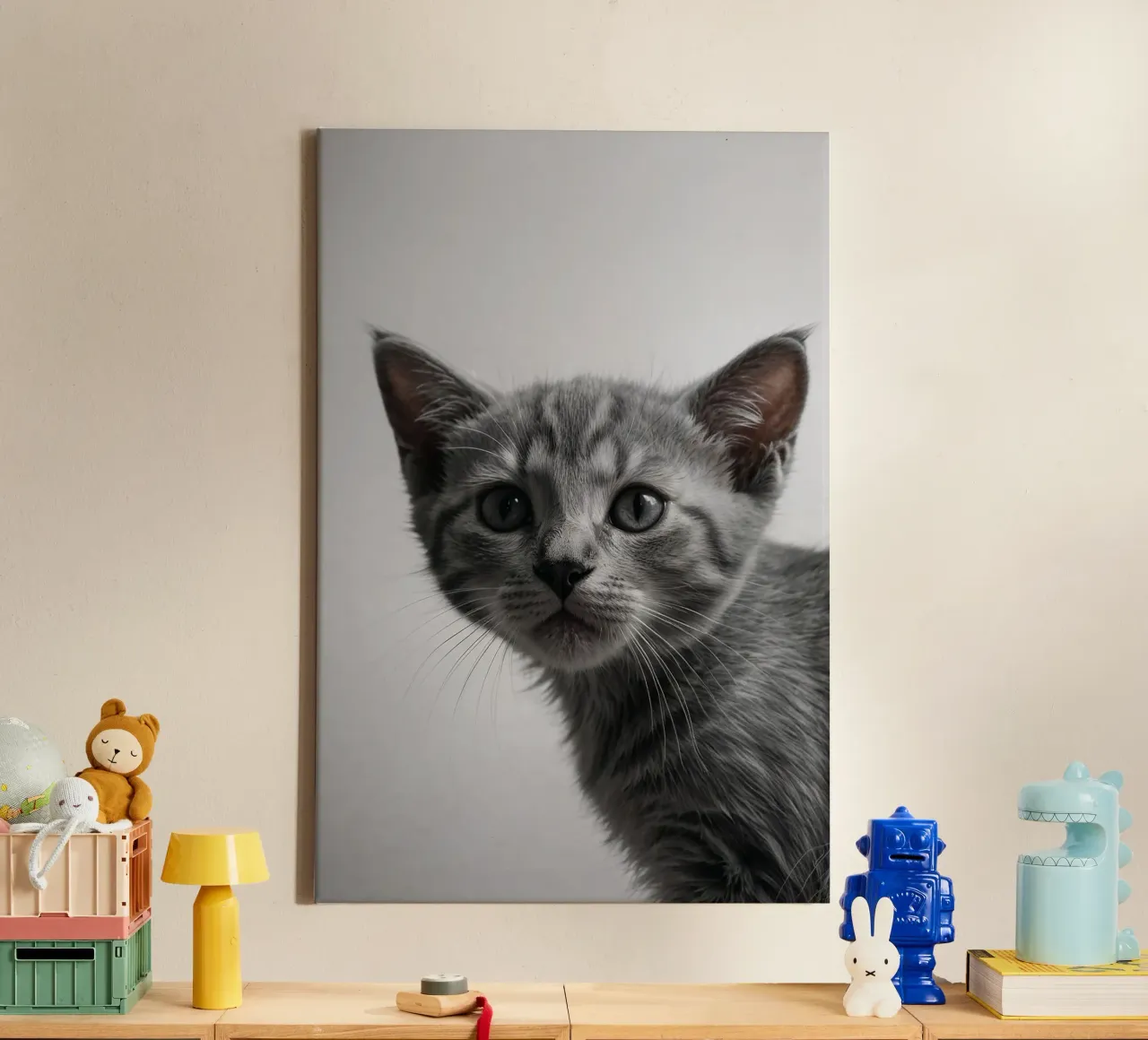 Portrait of a grey kitten w/ intense eyes | Work 47 canvas with Floater frame by Paws & Portraits