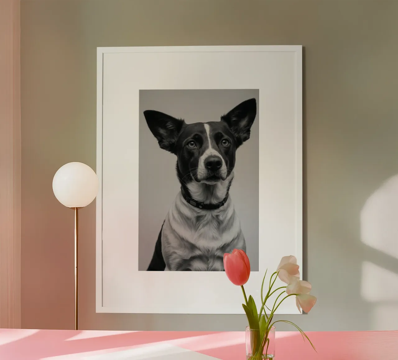 Ritratto di un cane dallo sguardo attento | Lavoro 50 poster con telaio in legno da Paws & Portraits