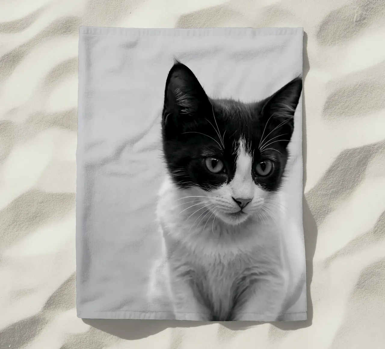 Ritratto in bianco e nero di un giovane gatto | Werk 52 telo mare da Paws & Portraits