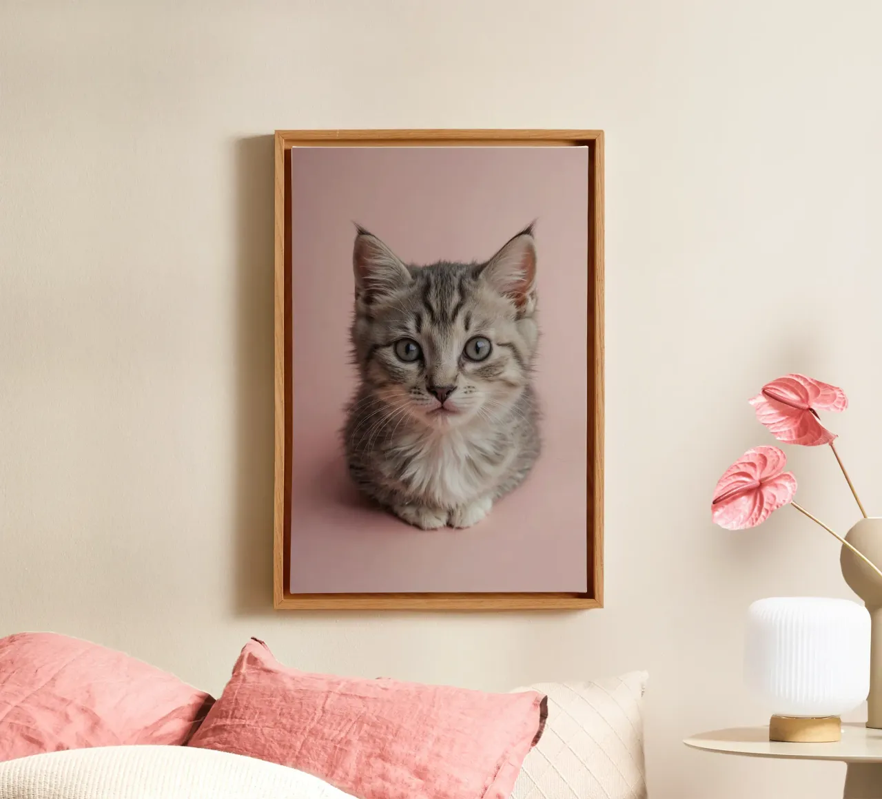 Portrait of a kitten on a pink background | Work 55 canvas with Floater frame by Paws & Portraits