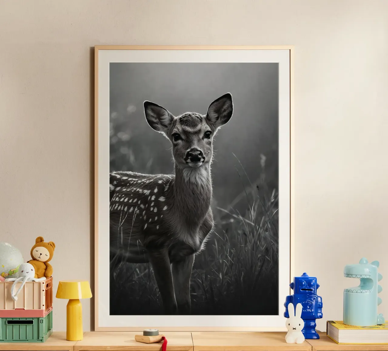 Portrait of a young fawn at dawn | Work 56 poster with wooden frame by Paws & Portraits