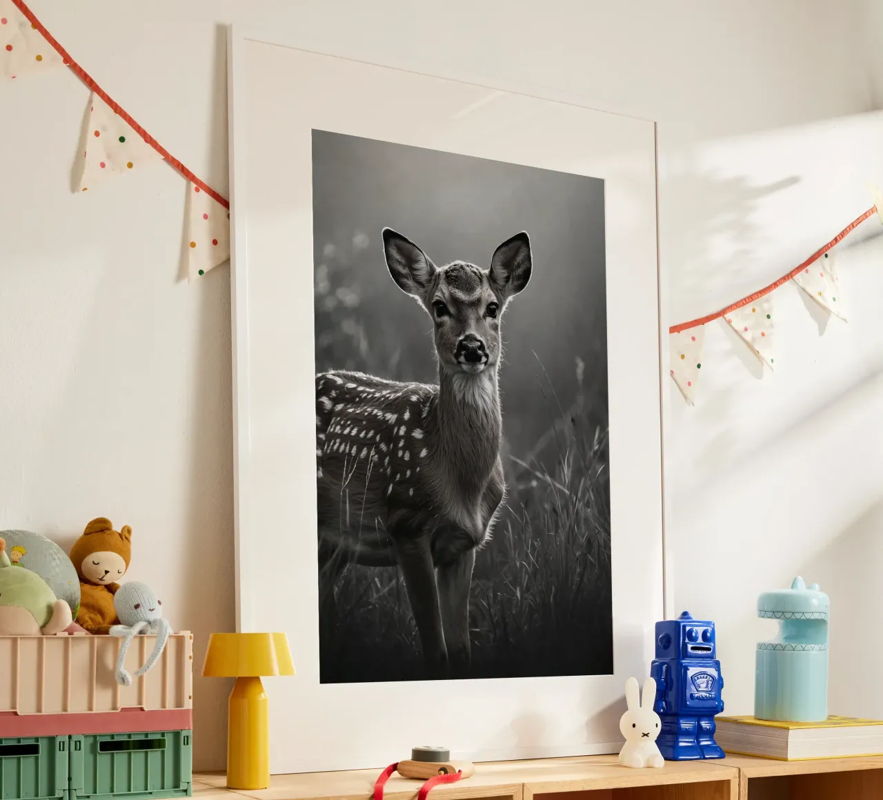 Portrait of a young fawn at dawn | Work 56 poster with wooden frame by Paws & Portraits