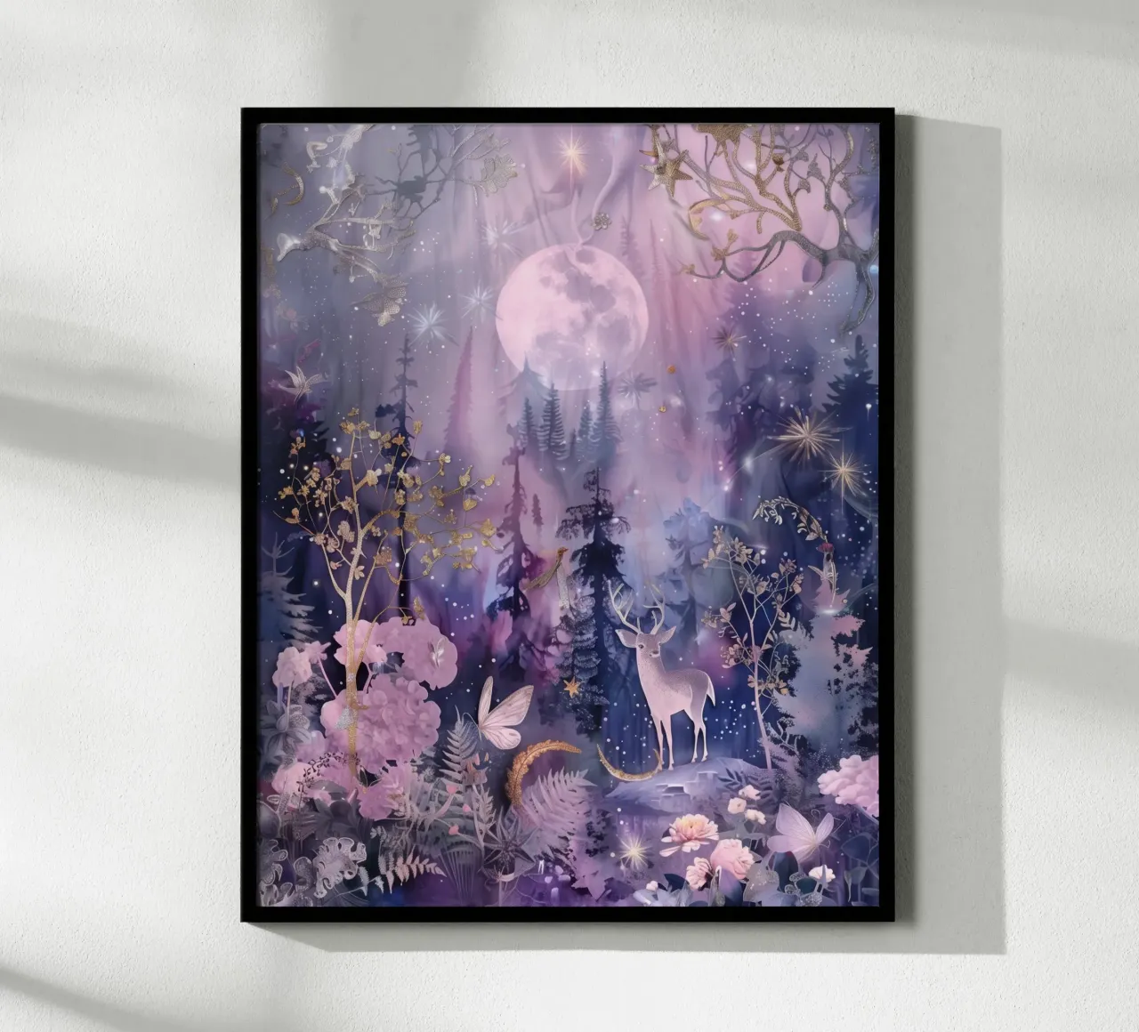 Inverno Luna Piena Foresta Celeste Magico Bianco Natale poster con telaio in alluminio da Gentle Echoes Art