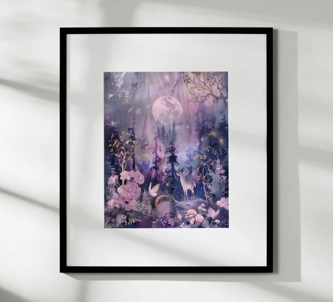 Inverno Luna Piena Foresta Celeste Magico Bianco Natale poster con telaio in alluminio da Gentle Echoes Art
