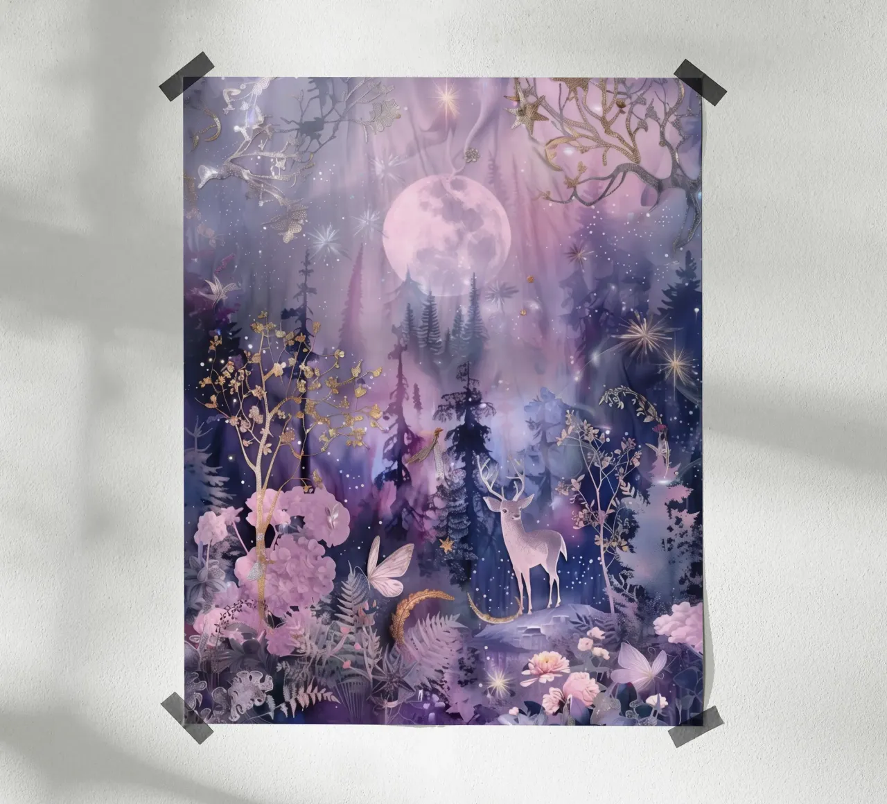 Inverno Luna Piena Foresta Celeste Magico Bianco Natale poster con telaio in alluminio da Gentle Echoes Art