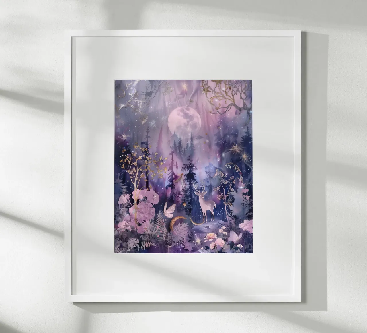 Inverno Luna Piena Foresta Celeste Magico Bianco Natale poster con telaio in alluminio da Gentle Echoes Art
