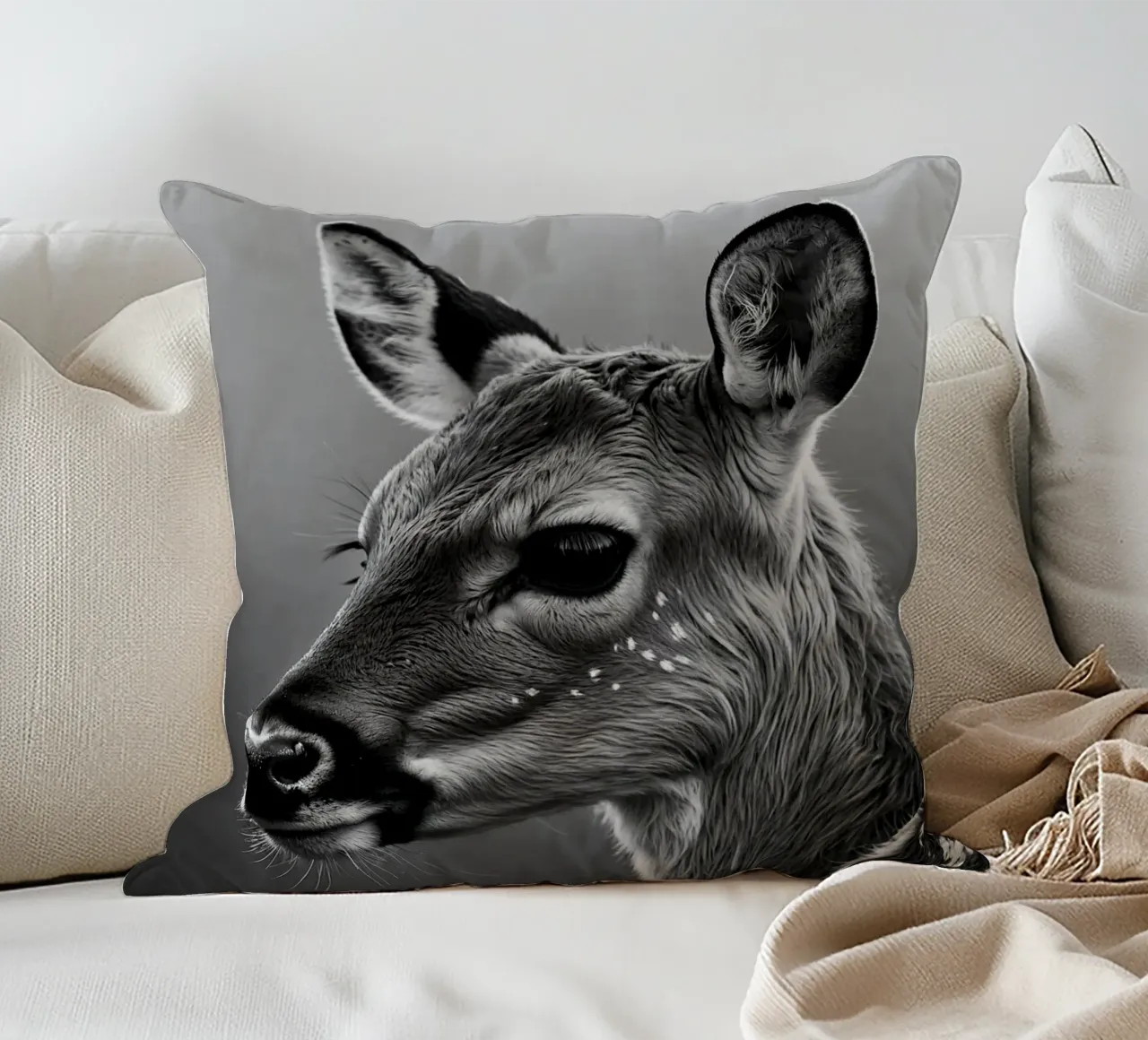 Black and white portrait of a fawn | Work 62 decorative cushion by Paws & Portraits