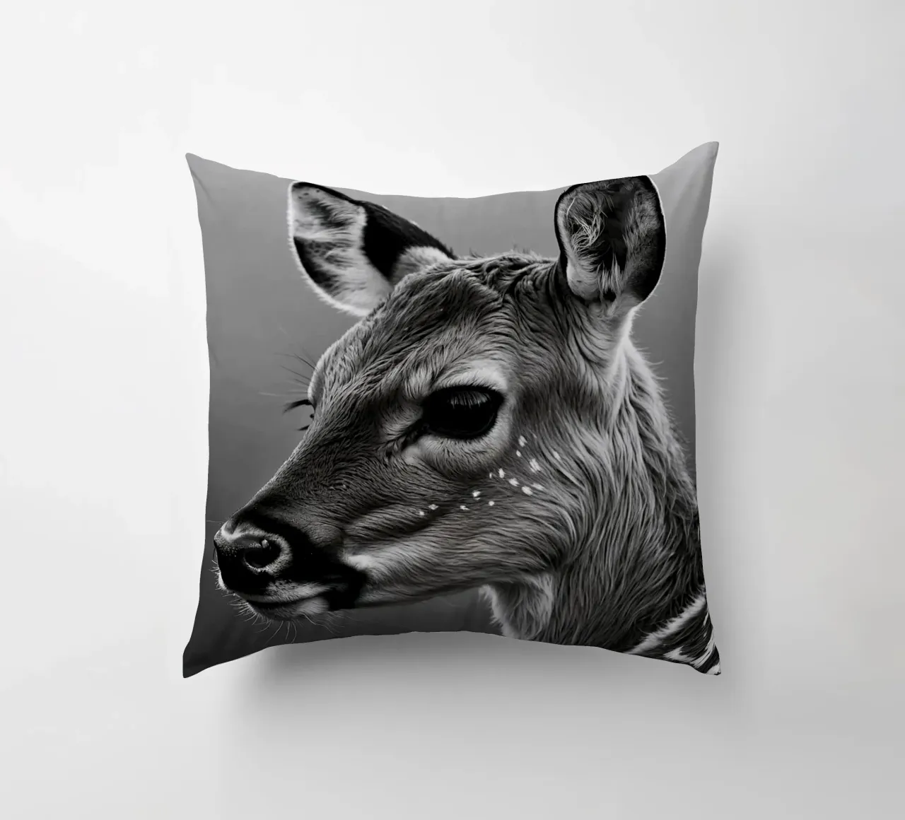 Black and white portrait of a fawn | Work 62 decorative cushion by Paws & Portraits