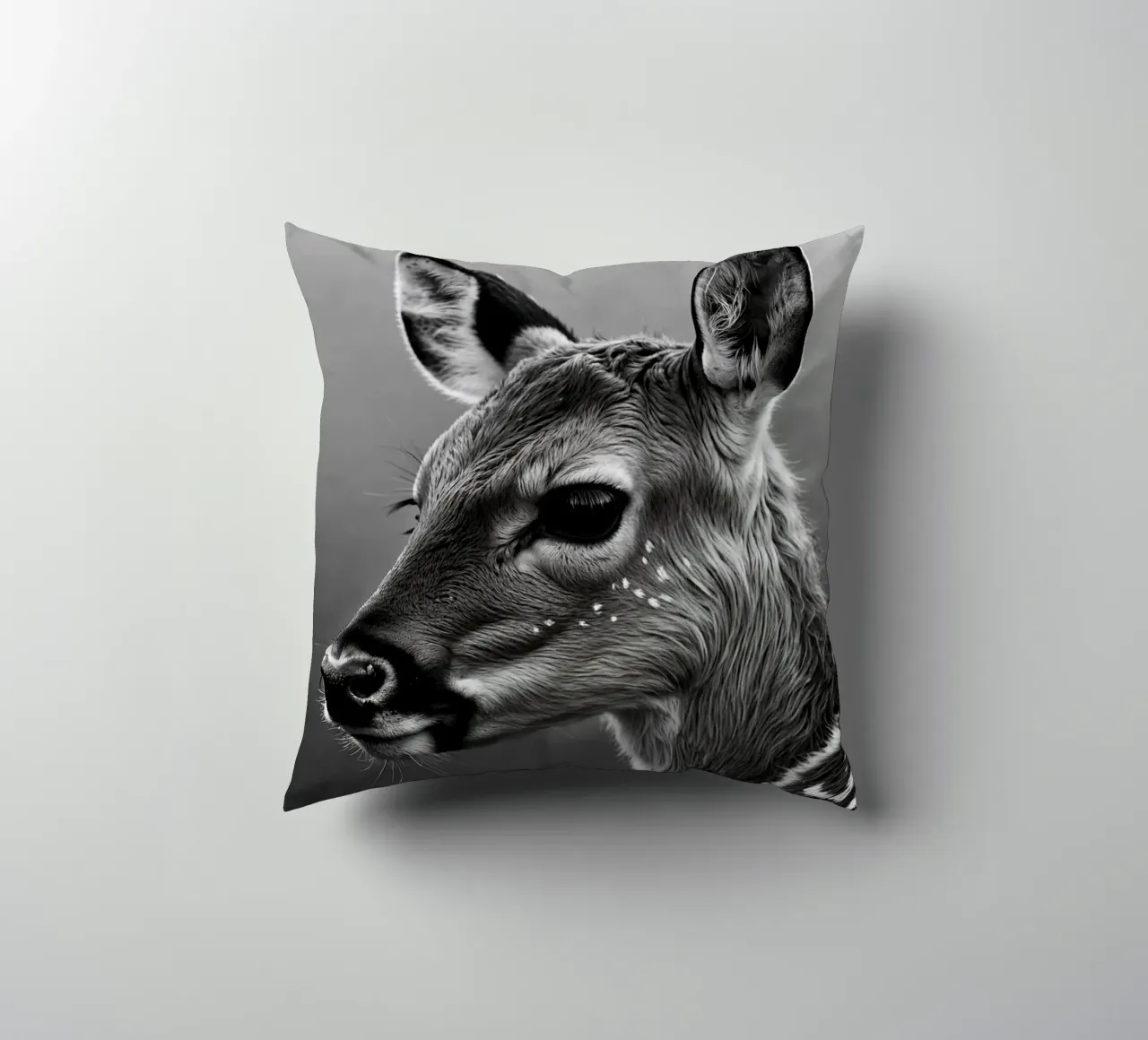 Black and white portrait of a fawn | Work 62 decorative cushion by Paws & Portraits