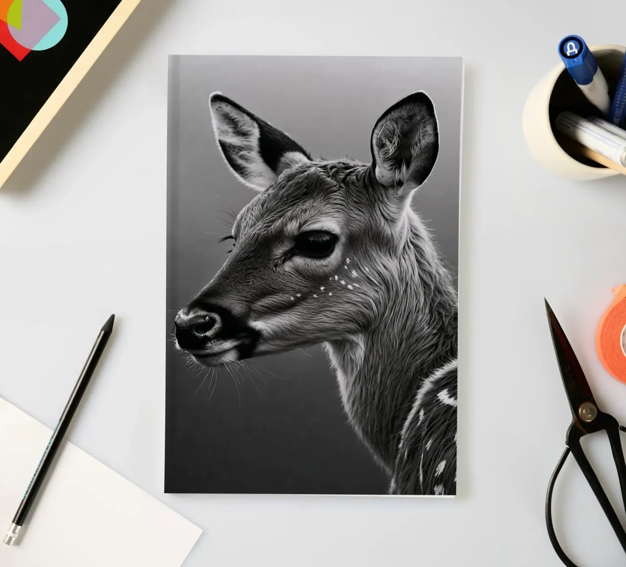 Black and white portrait of a fawn | Work 62 notebook by Paws & Portraits