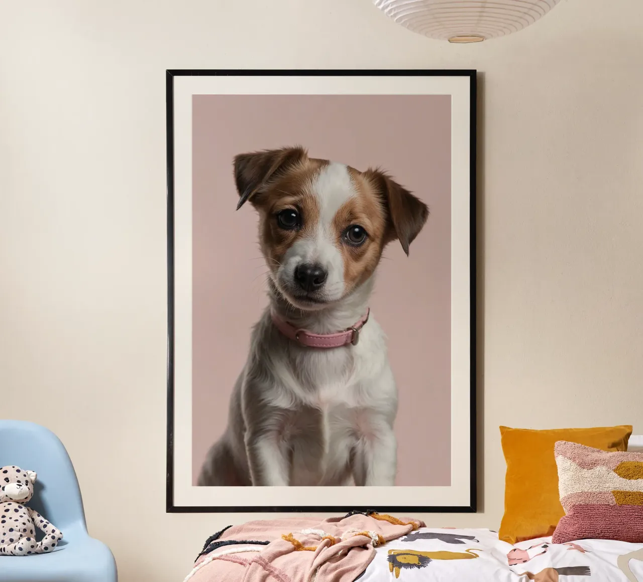 Portrait d'un jeune chiot avec un collier rose | Oeuvre 63 hahnemühle de Paws & Portraits
