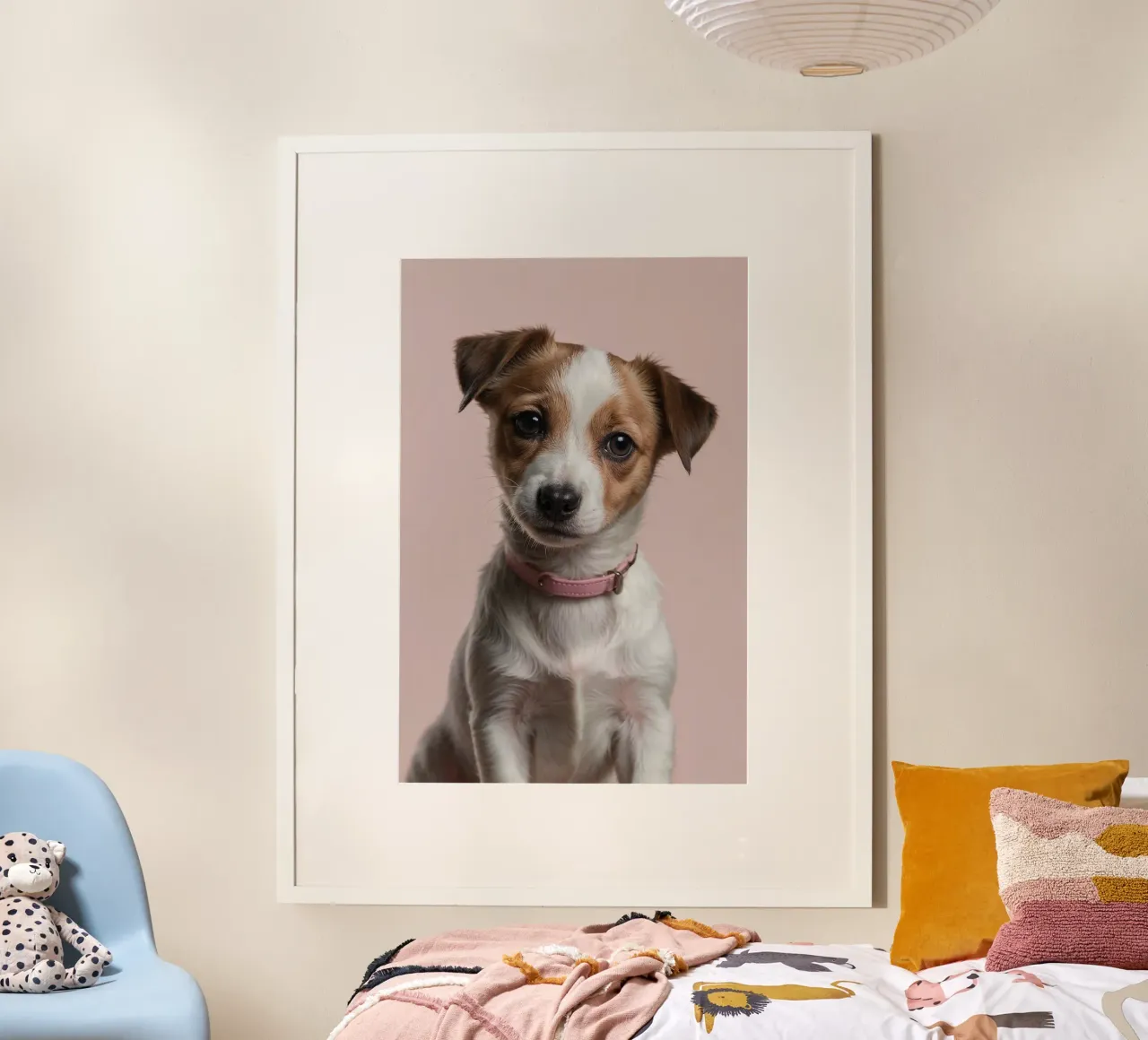 Portrait d'un jeune chiot avec un collier rose | Oeuvre 63 hahnemühle de Paws & Portraits