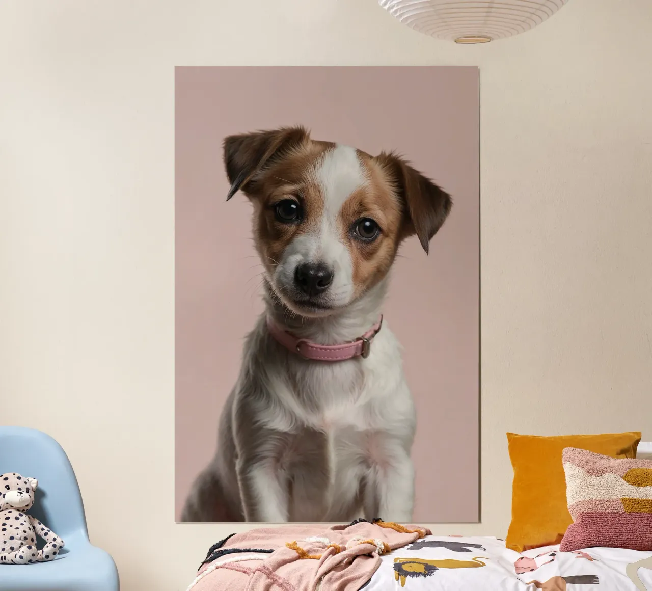 Portrait d'un jeune chiot avec un collier rose | Oeuvre 63 hahnemühle de Paws & Portraits