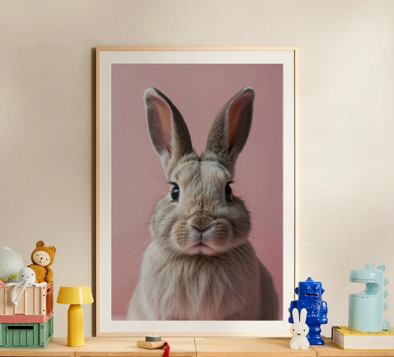 Portrait of a cute rabbit | Work 65 poster with wooden frame by Paws & Portraits