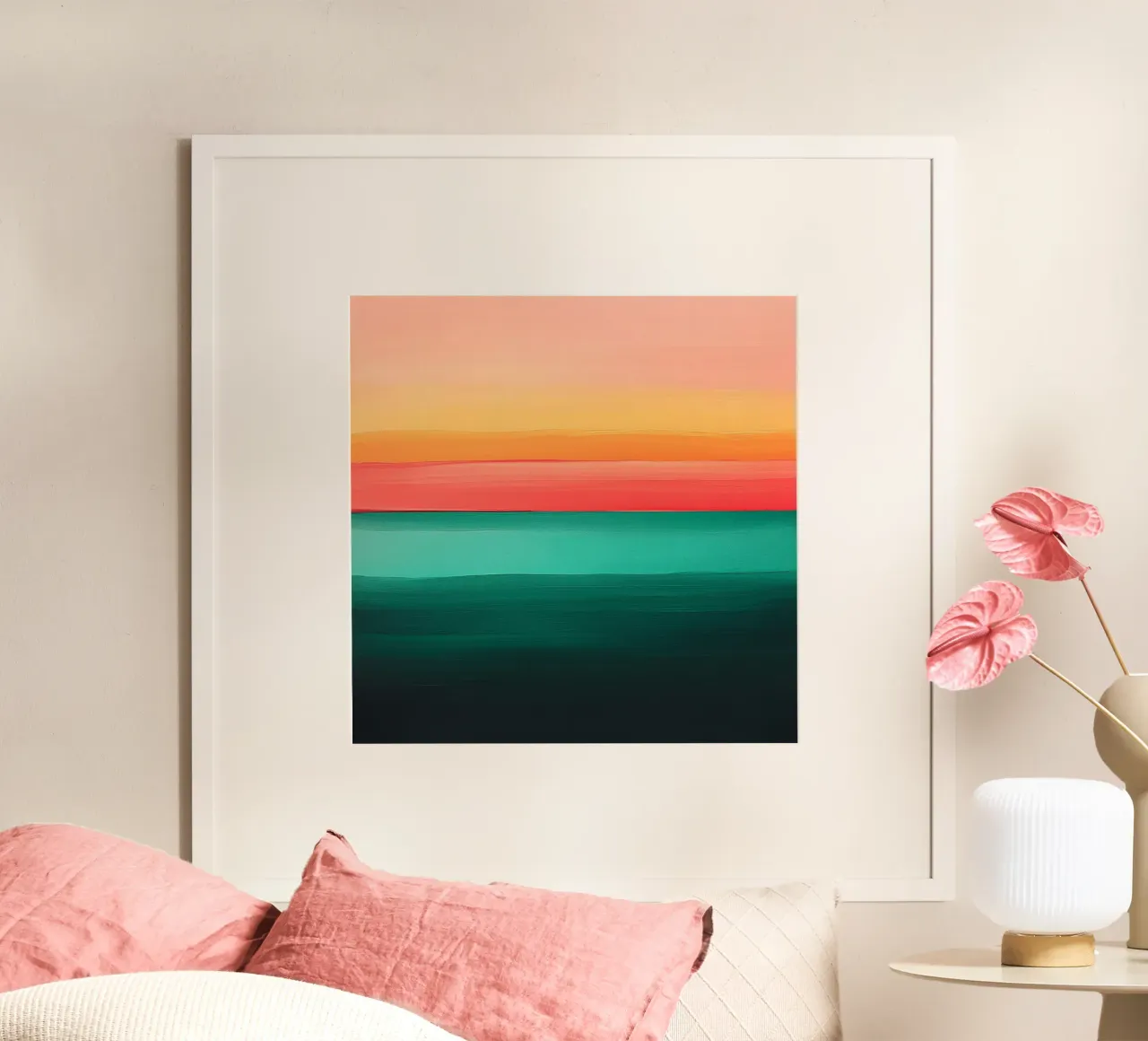 Tramonto astratto sull'oceano poster con telaio in plastica da Little Things