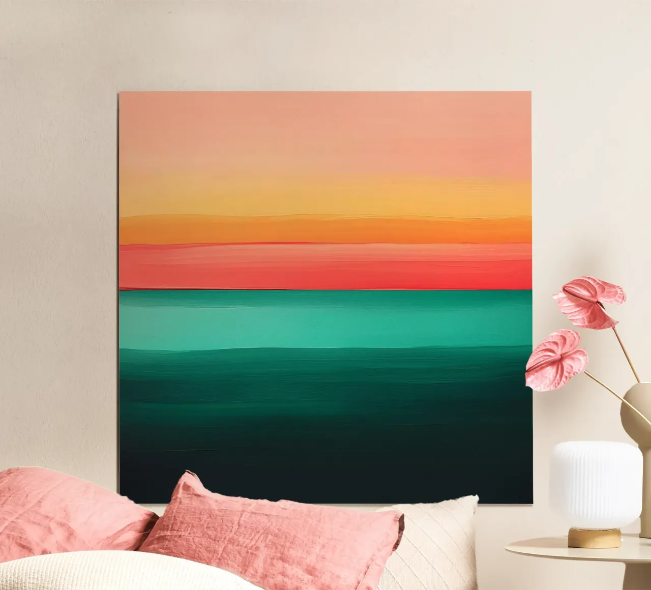 Tramonto astratto sull'oceano poster con telaio in plastica da Little Things