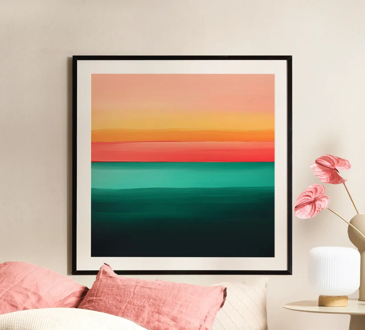 Tramonto astratto sull'oceano poster con telaio in plastica da Little Things