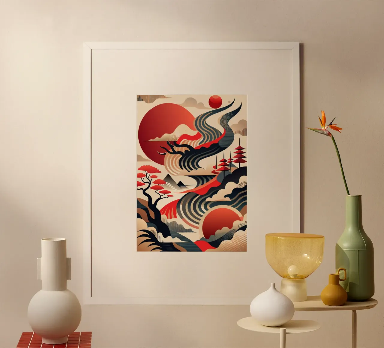 Correnti cremisi di Kintsugi poster con telaio in legno da Artistic-shop