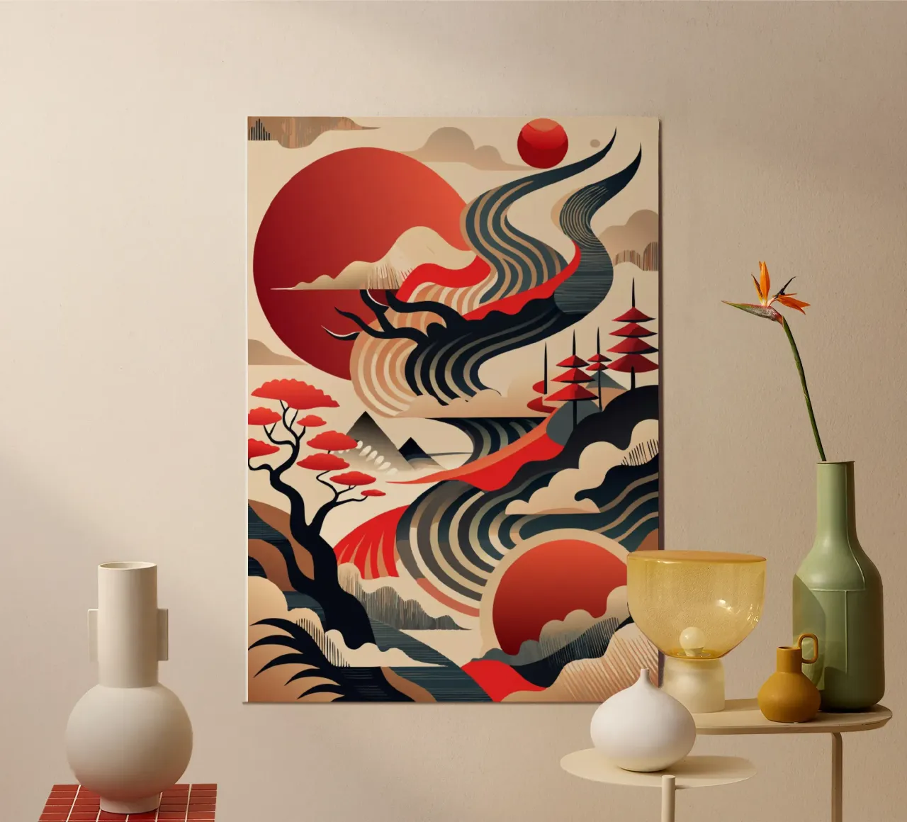 Correnti cremisi di Kintsugi poster con telaio in legno da Artistic-shop
