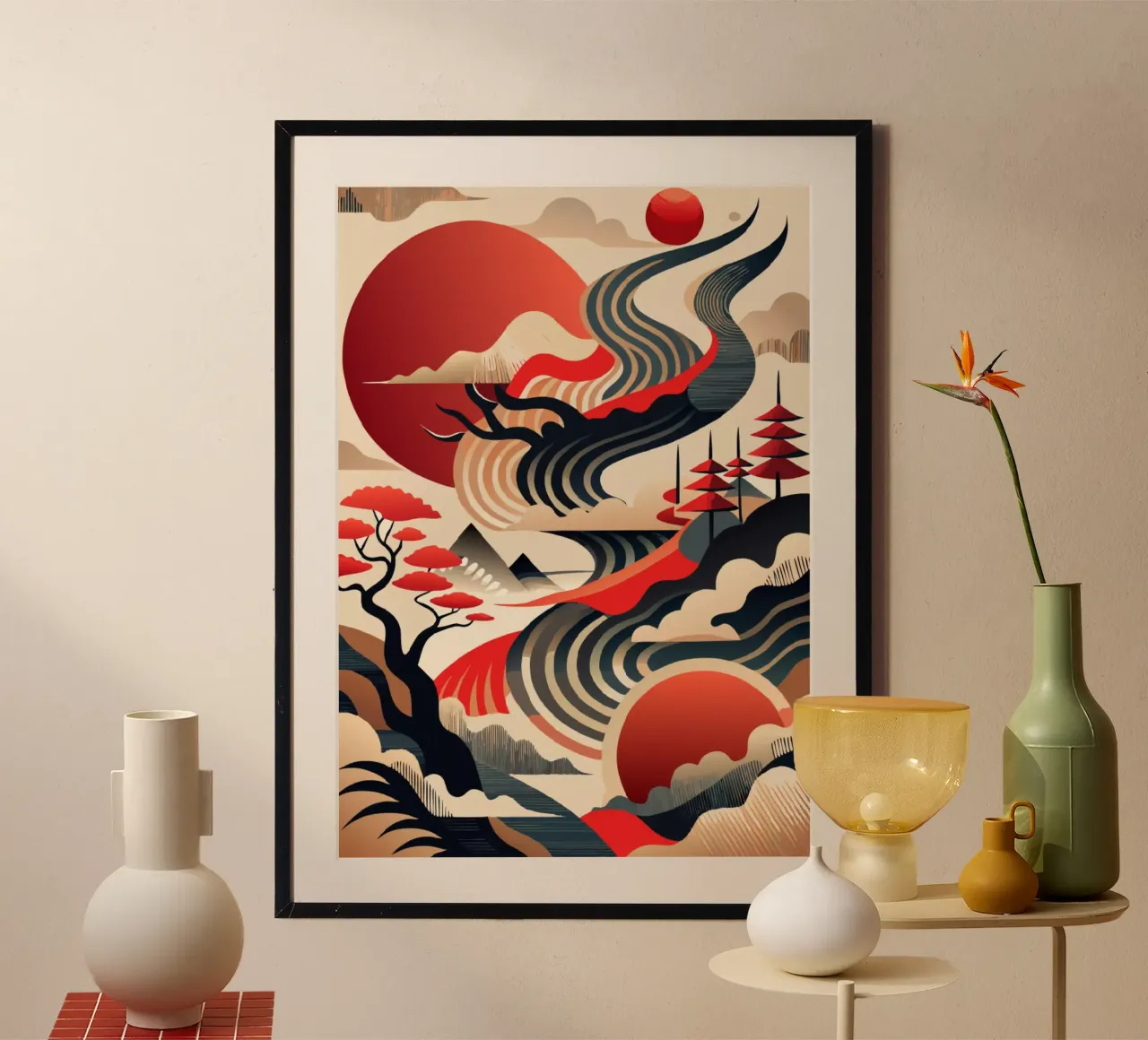 Correnti cremisi di Kintsugi poster con telaio in legno da Artistic-shop