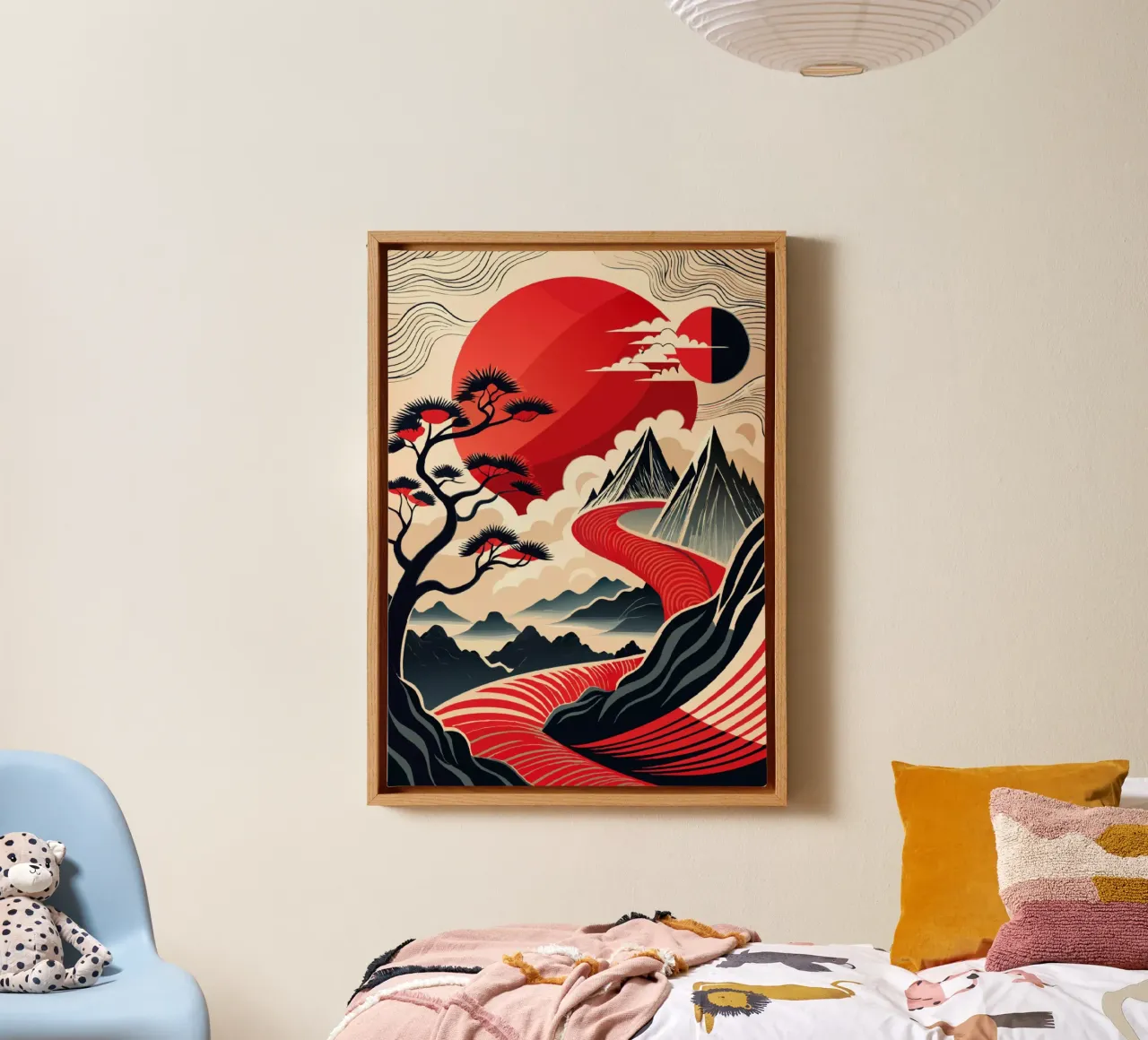 Karmijnrode stromingen canvas met Baklijst van Artistic-shop