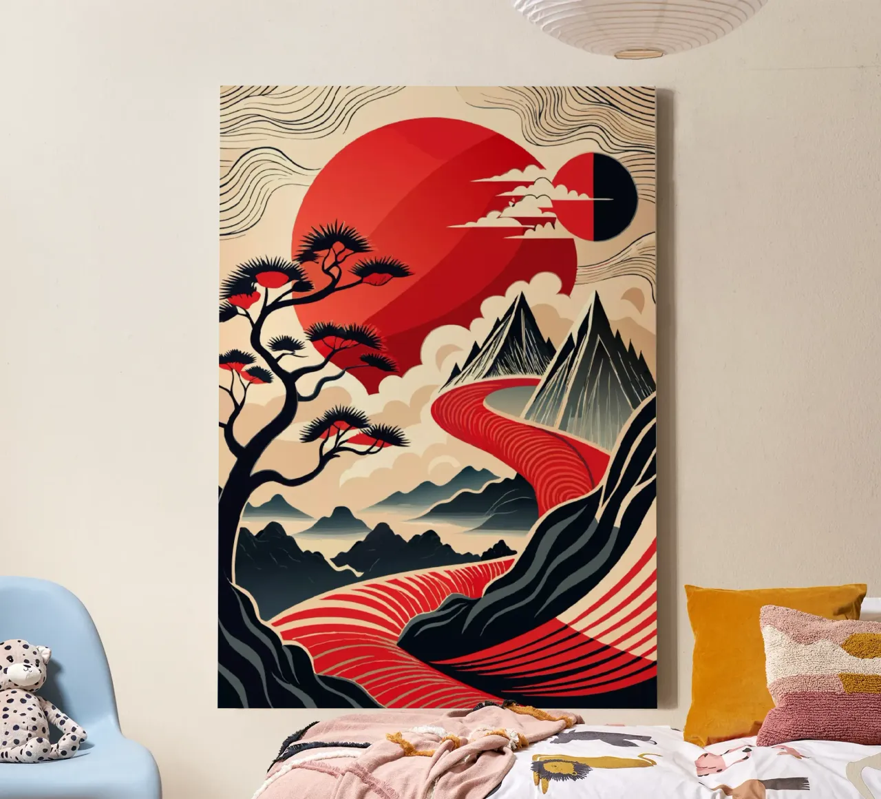 Karmijnrode stromingen canvas met Baklijst van Artistic-shop